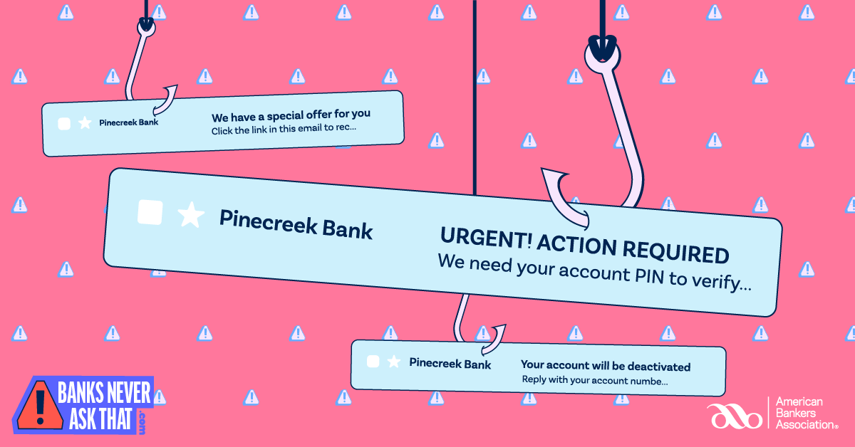 Graphic with sample phishing text messages like "Urgent! We need your account PIN to verify..."