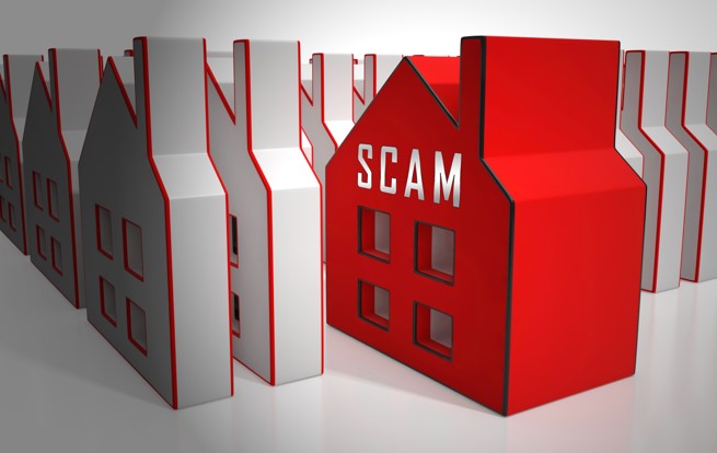 Illustration with house in red and "SCAM" on the front.