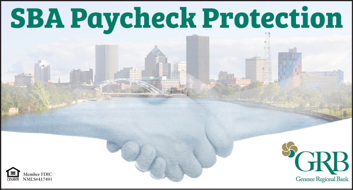 Graphic featuring Rochester skyline and two people shaking hands representing SBA PPP loan closings