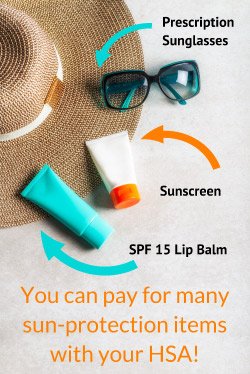 Infographic displaying a sun hat, sunglasses, and sunscreen indicating that these are items that could be covered through an HSA.