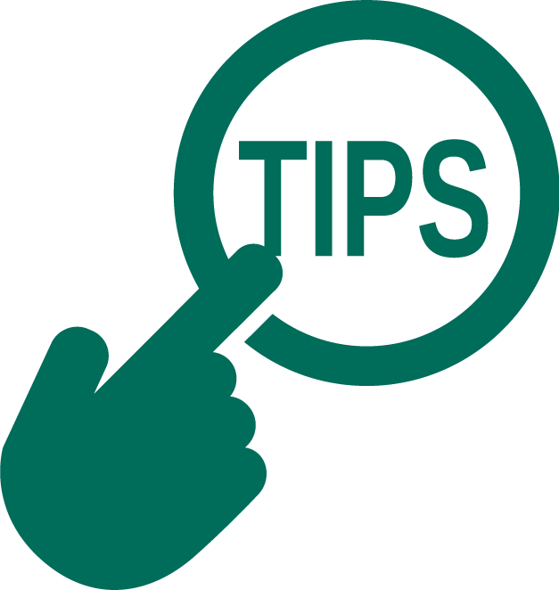 Icon with hand pointing to button labeled "Tips"