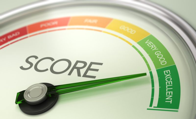 Credit score illustration with dial pointing to a rating of Excellent