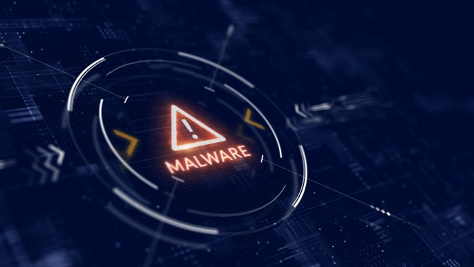 Illustration featuring a Malware sign with a red exclamation point and triangle warning