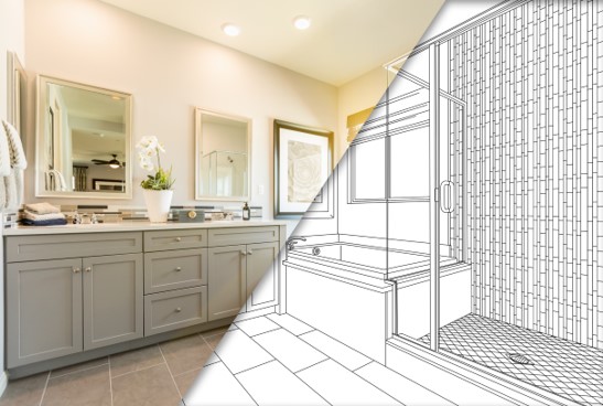 Bathroom renovation half completed, half blueprint