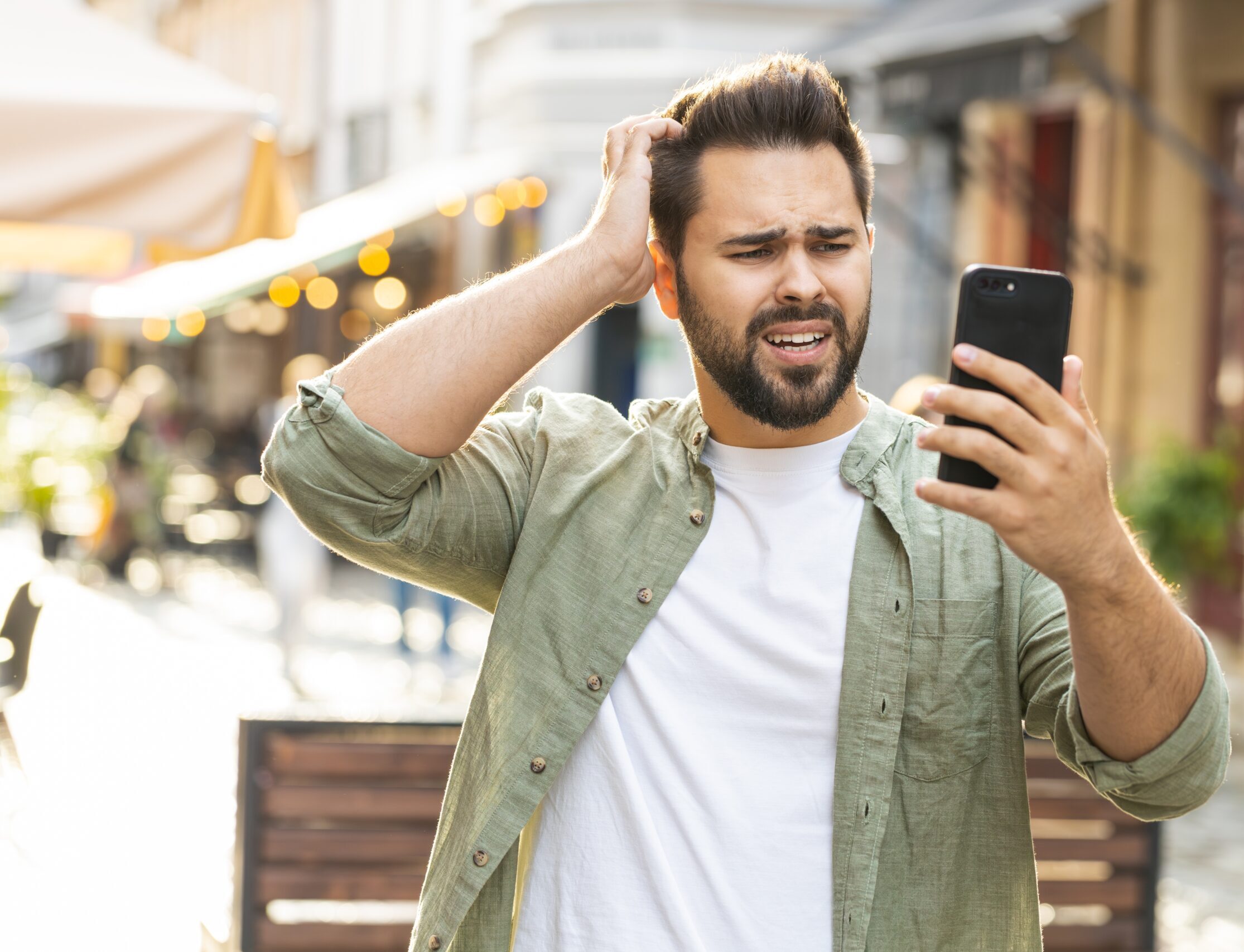 Man looks at his phone, confused.