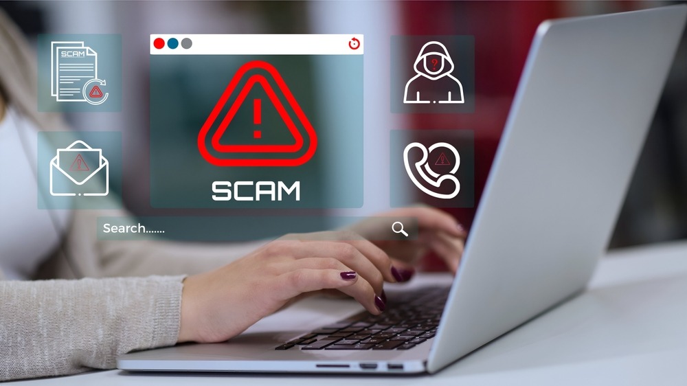 Scam alert illustration for digital, phone and paper.